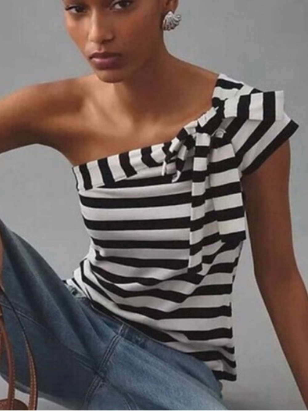Maeve Striped One-Shoulder Bow Top - Black & White. NWOT
